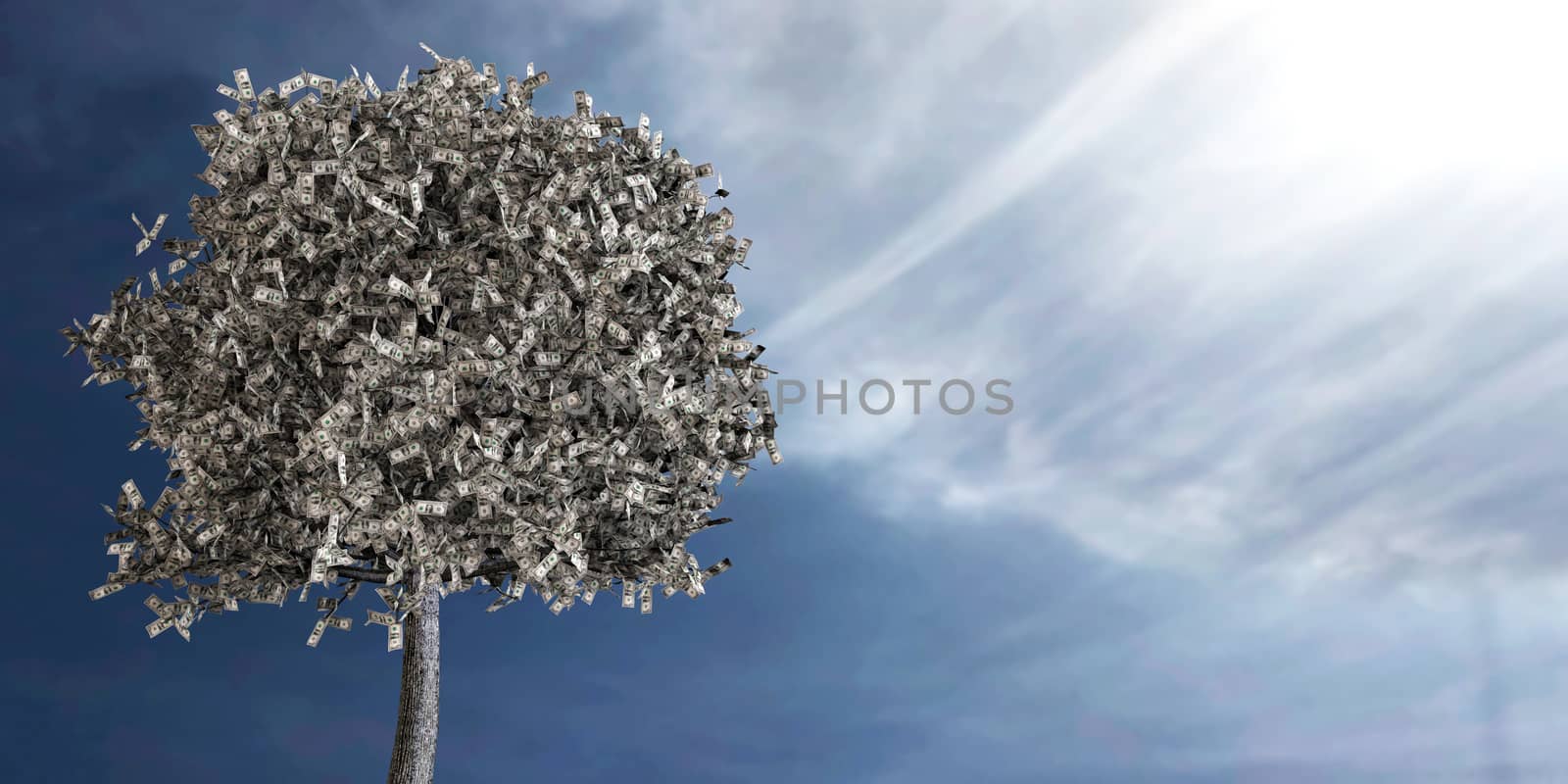 3d rendering of us dollars growing on a tree in a bright day against blue sky