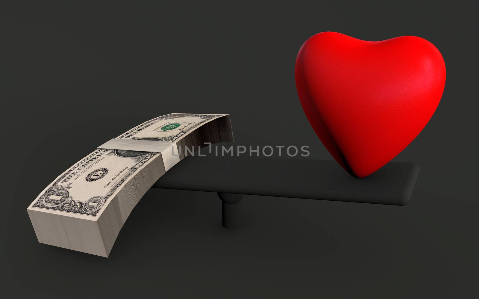 A red heart with a wad of money us dollars on a seesaw. Competition between love or life and money or business, where money prevails. Work-life balance concept. 3D rendered isolated on dark blue background.