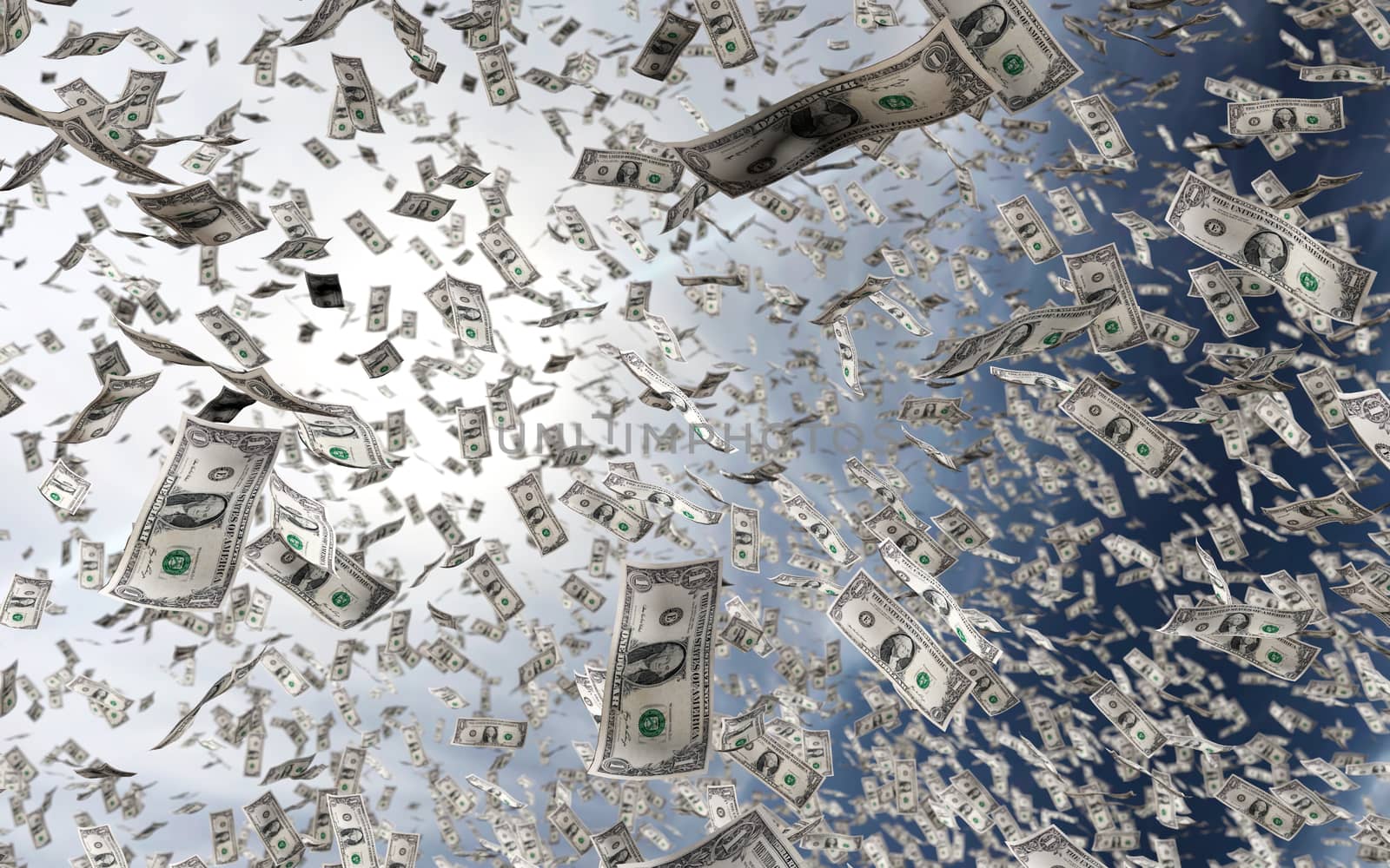 3d rendering of money us dollars raining from the sky by F1b0nacci