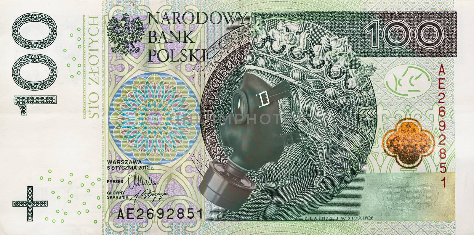 Coronavirus in Poland. Global recession. 100 Polish zloty banknote with a face mask . Polsh economy hit by corona virus covid19 outbreak.
