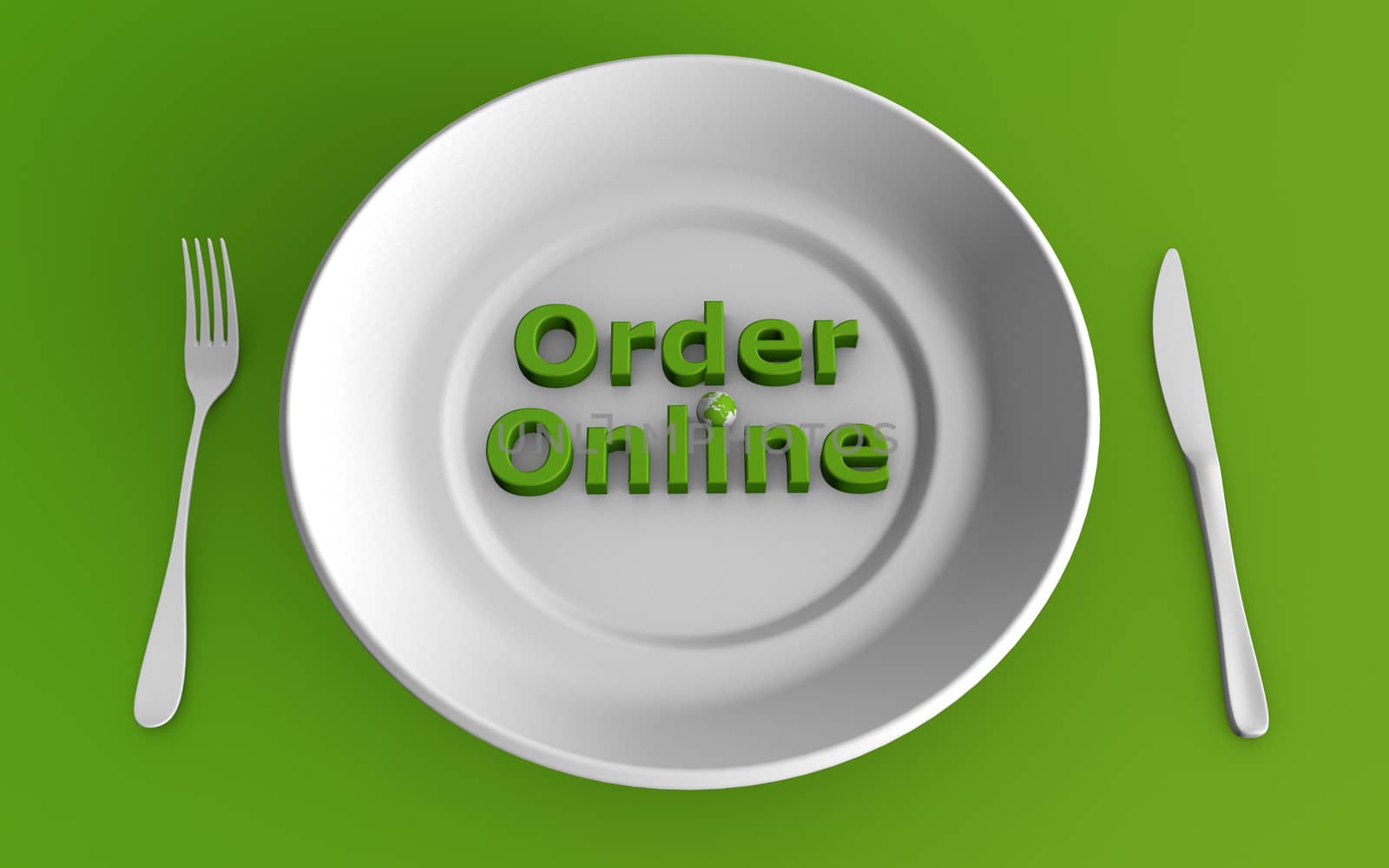 3d rendering of ordering food online concept with a dining set on green background