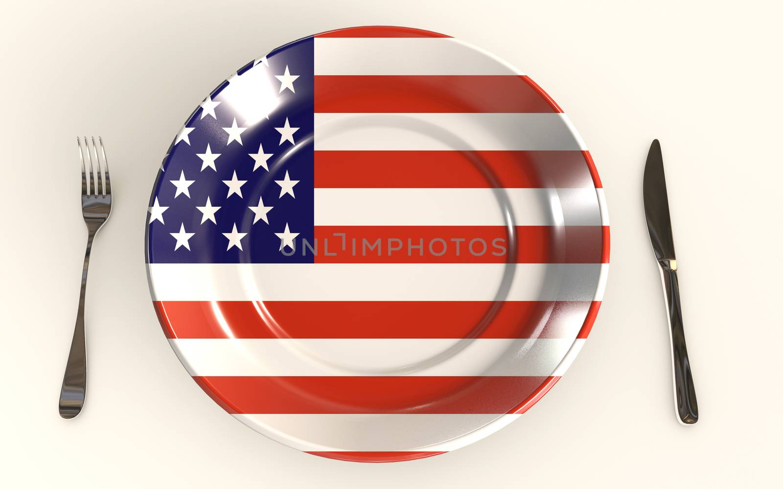 Standard American Diet 3D rendered concept with a plate a knife and a ford and US flag