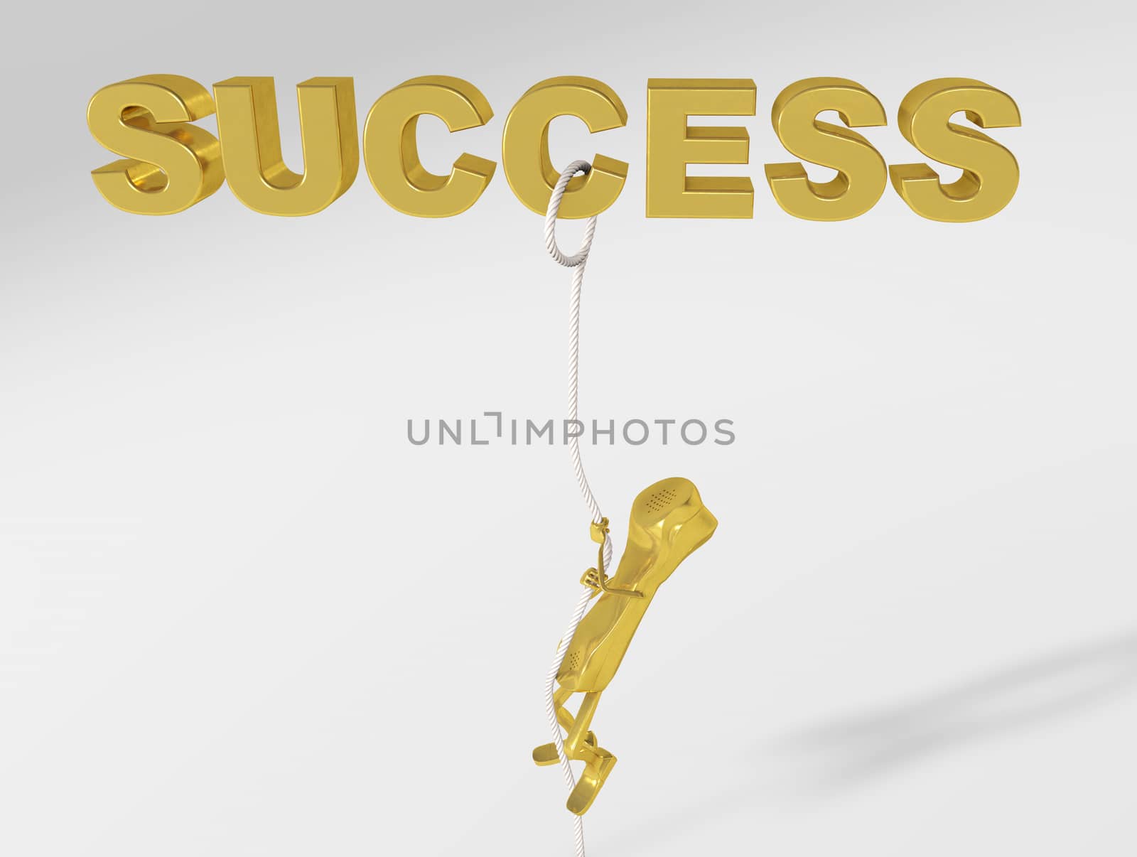 3d rendering of a telephone character climbing on a rope to success isolated on white