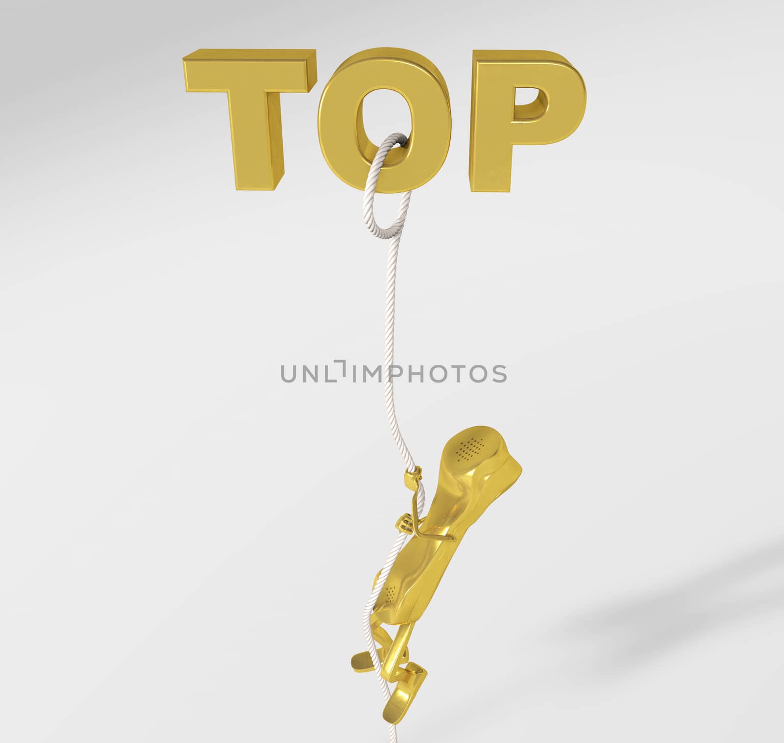 3d rendering of a telephone character climbing on a rope to the top isolated on white