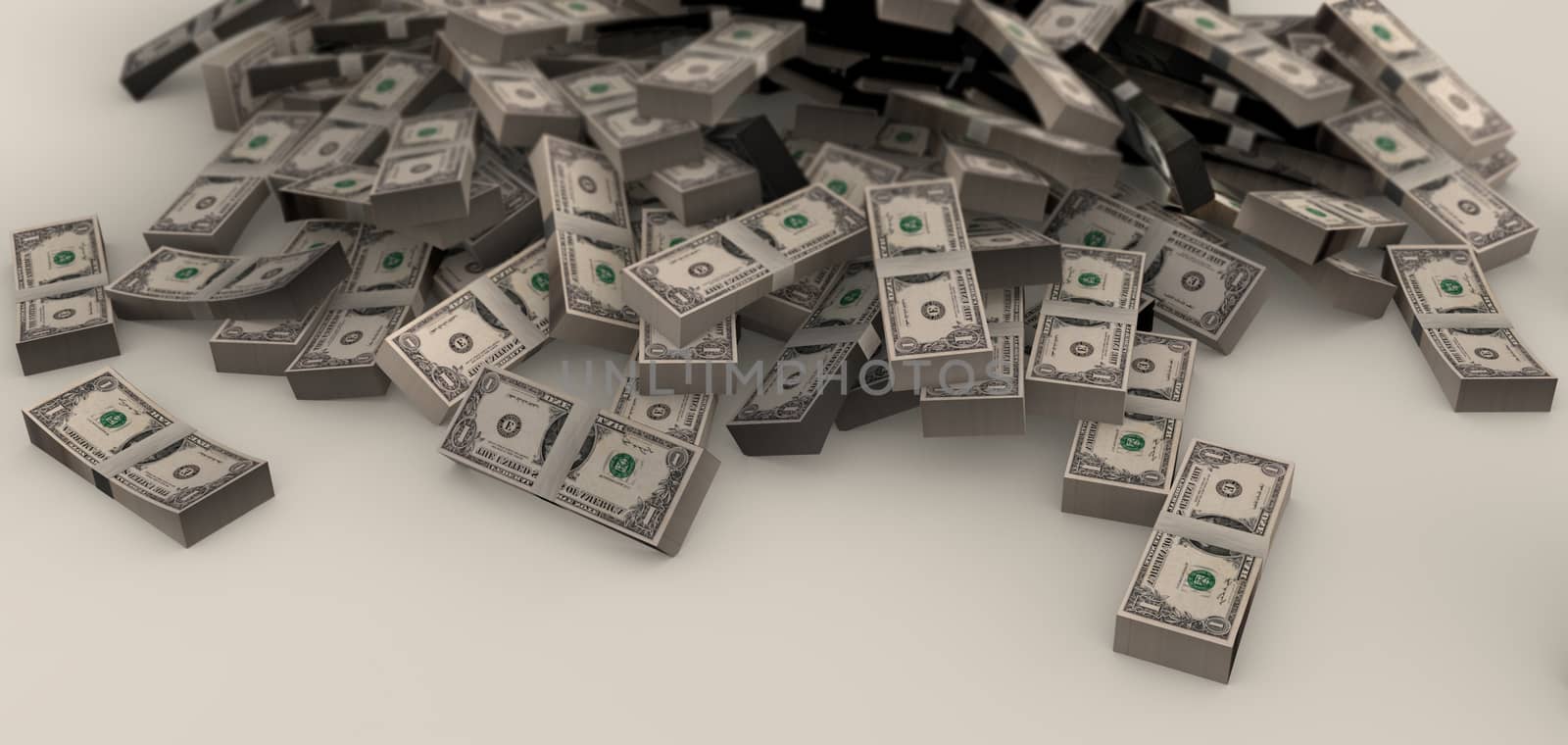 A pile of scattered wads of US Americal Dollars USA origin. Abundance, Rich, Wealth, Money, business, finance, investment, budget, resources concept. 3D rendered isolated on white background.