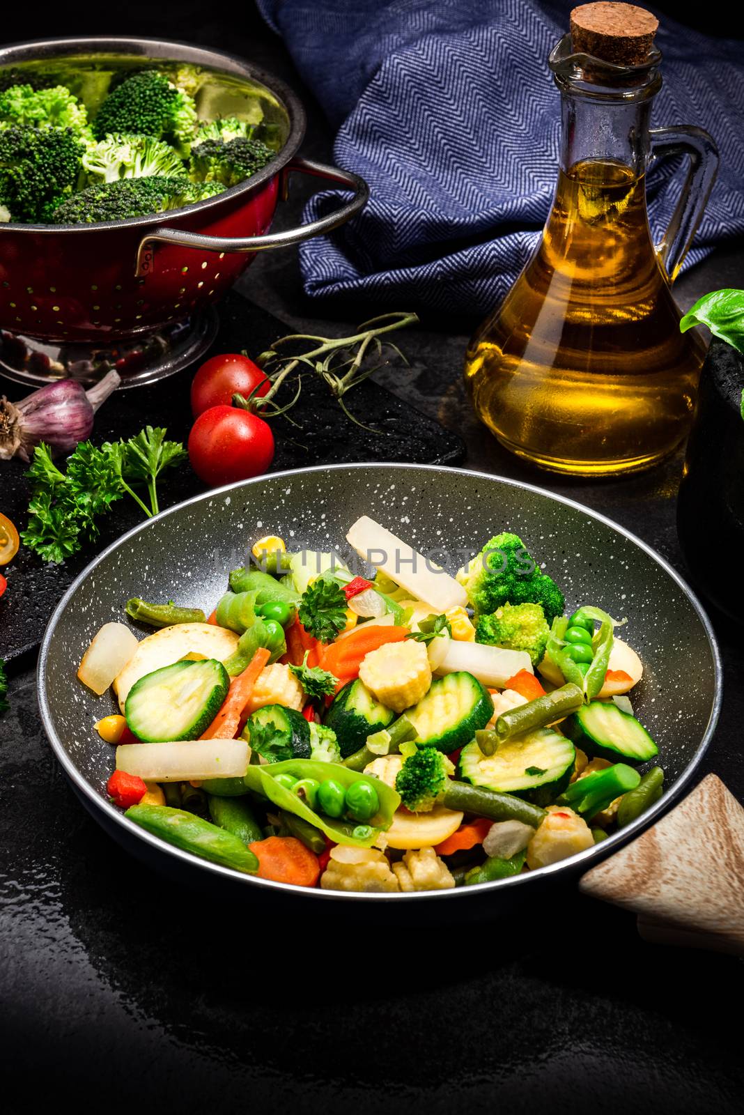 Stir Fry Fresh Vegetables Mix on Frying Pan. Dark Tones Black Image. Healthy Eating Ideas.