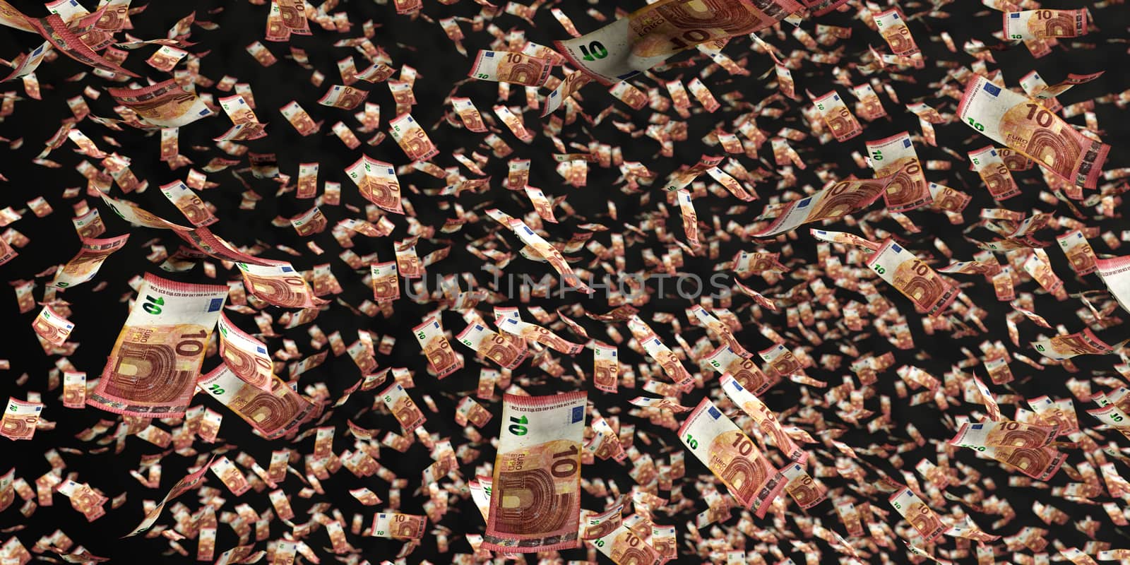 3d rendering of scattered euros on black background