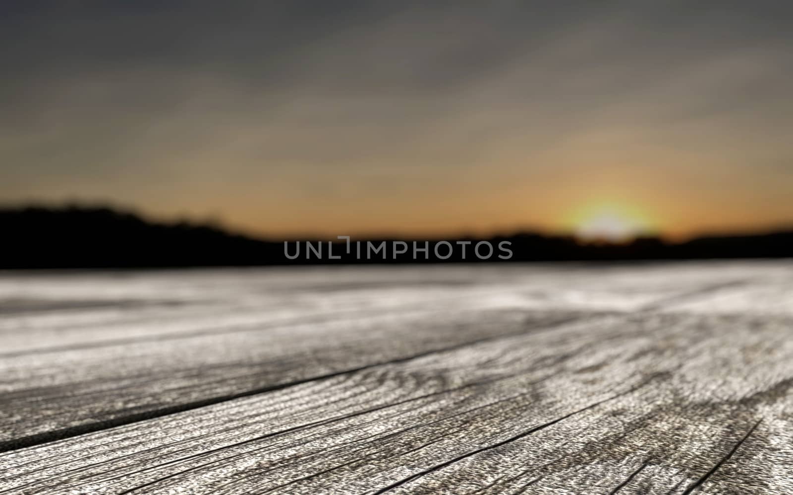 wooden table on a romantic sunset background perspective blurred 3d rendered concept