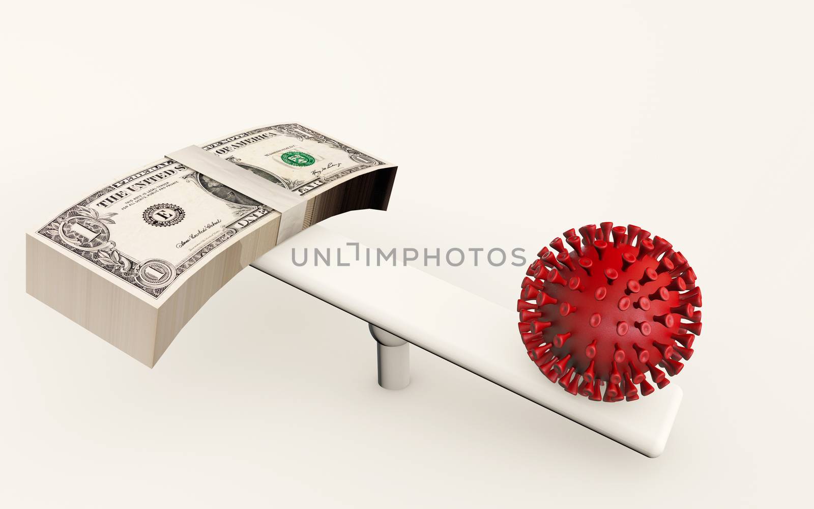 3d rendering of coronavirus disease impact on financial markets. Business concept of crash of economy causing fear. Virus and american dollars money balance on a seesaw isolated on white background