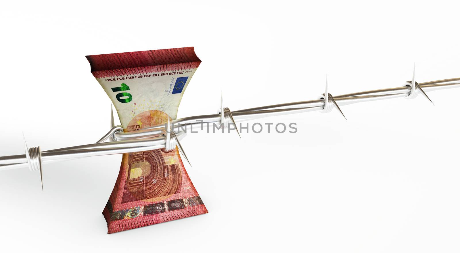 3d rendering of euro banknotes protected with barb wire isolated on white