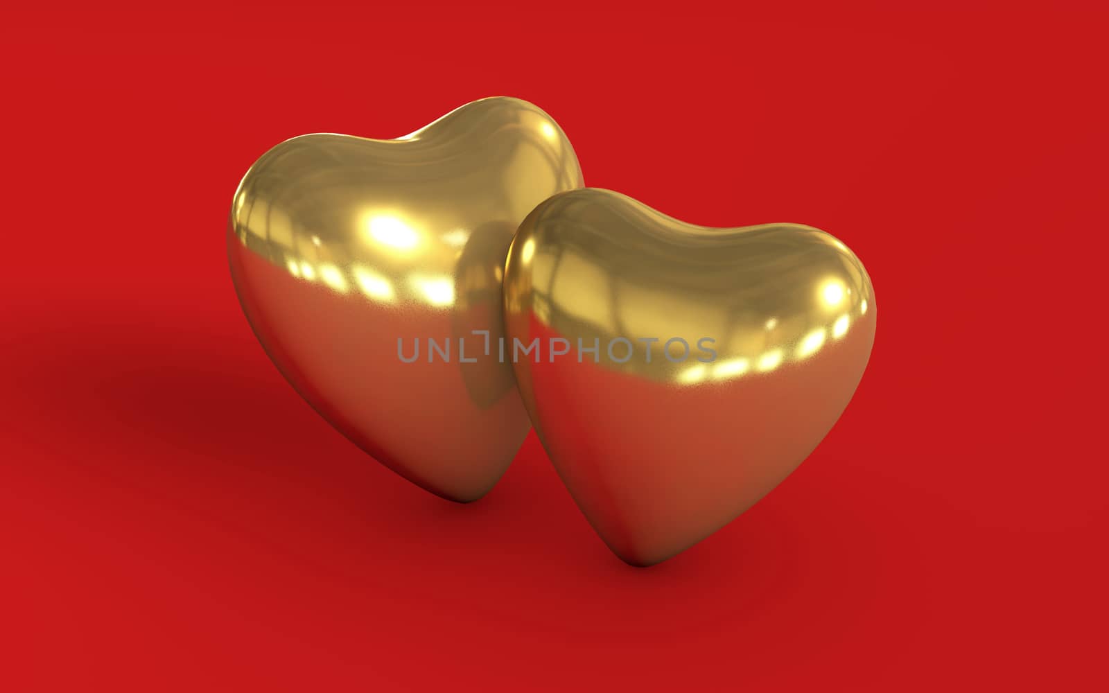 two golden hearts in love 3d rendered concept isolated on red background