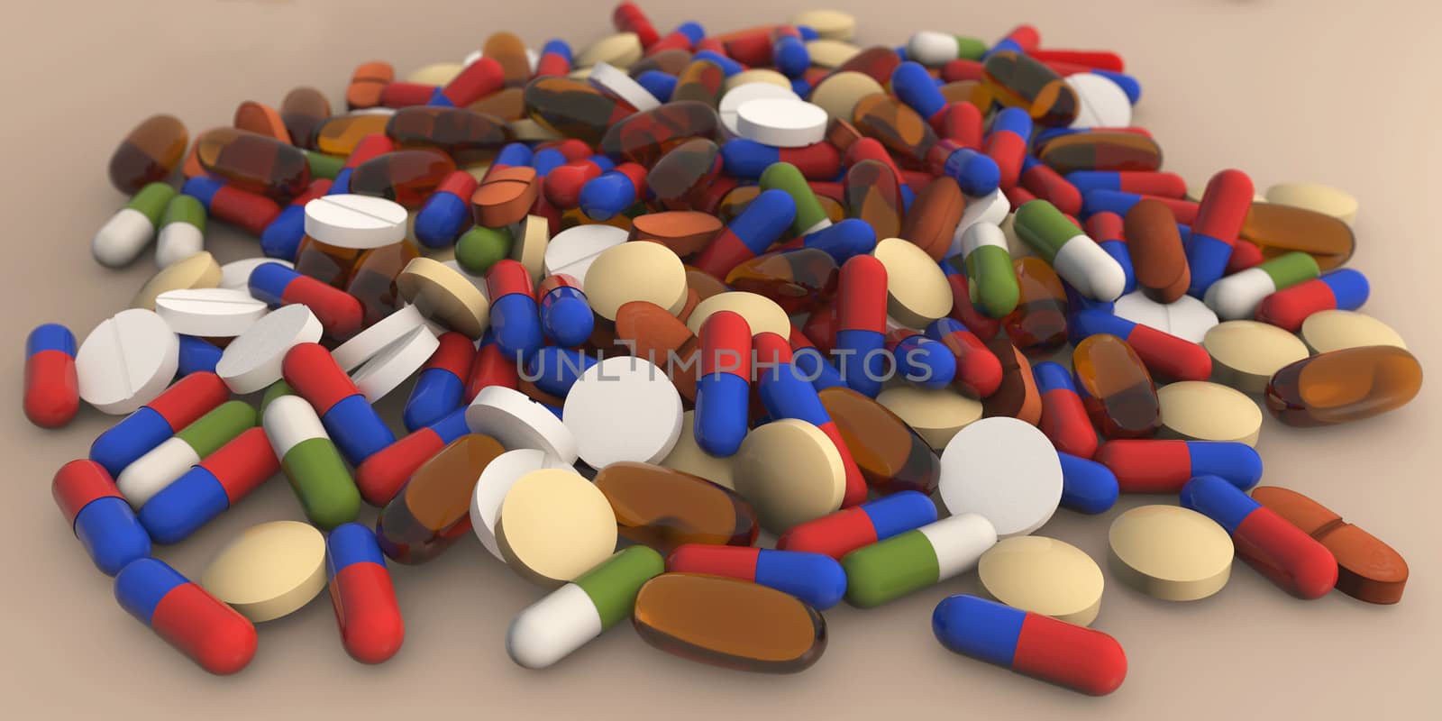 Scattered pills background medical 3d rendered concept