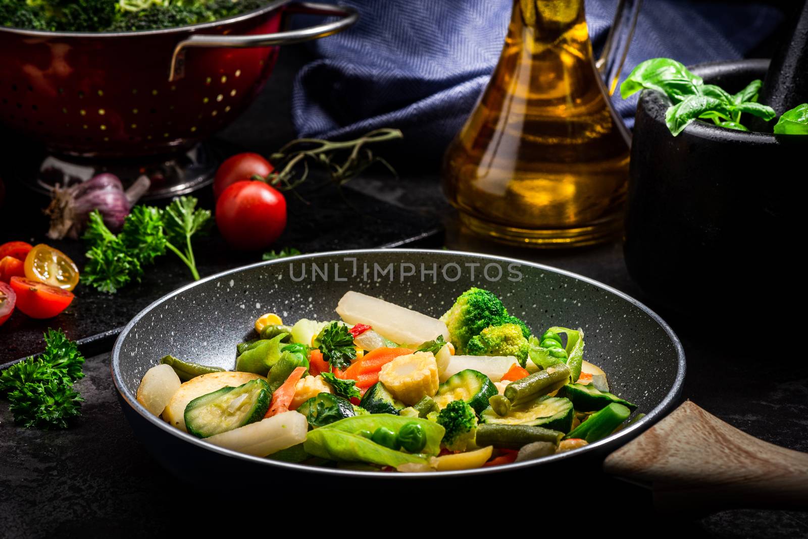 One Pot Healthy Dish Ideas. Stir Fry Vegetables Mix on Pan.