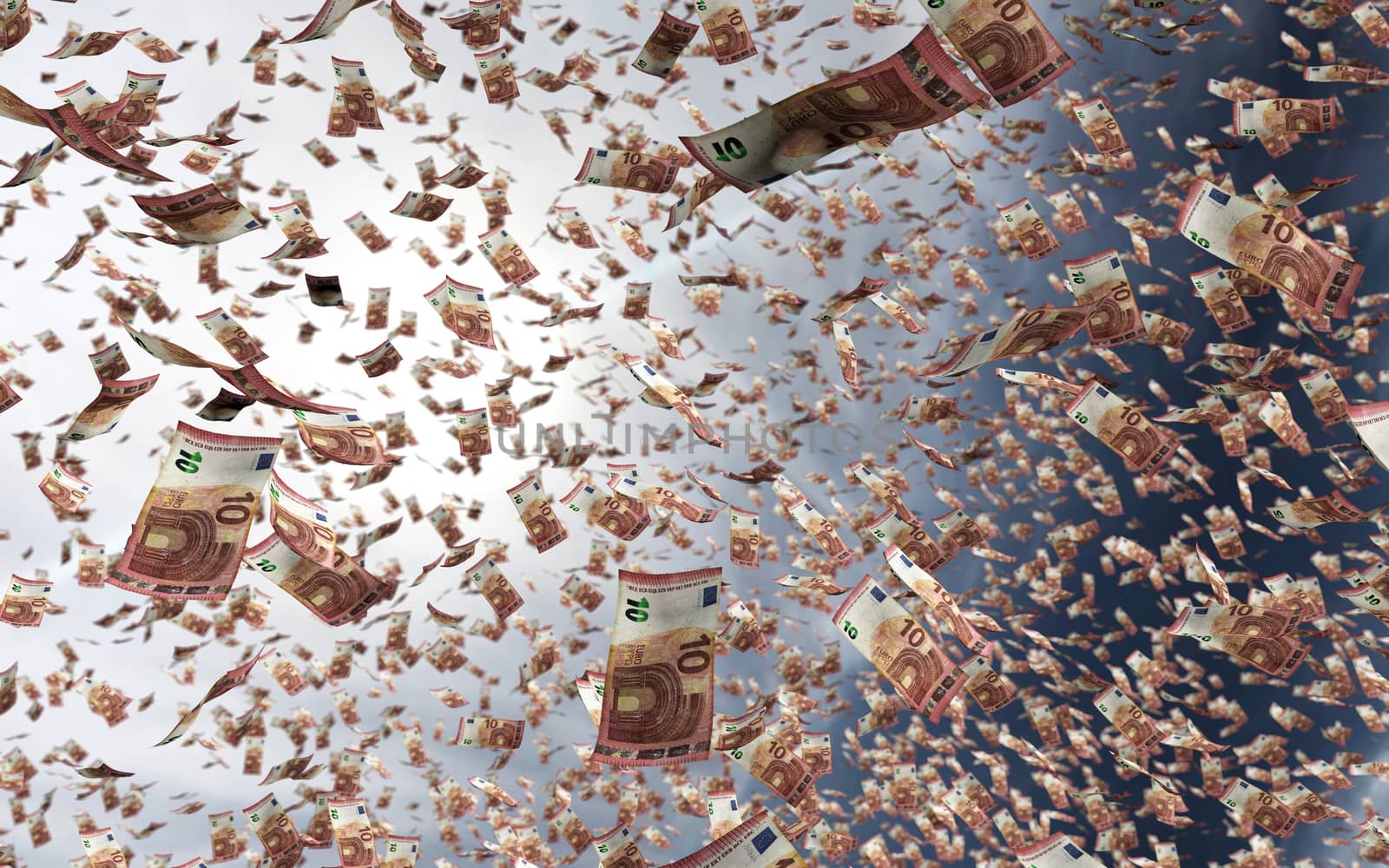 3d rendering of money euros falling or raining from the sunny bright blue sky