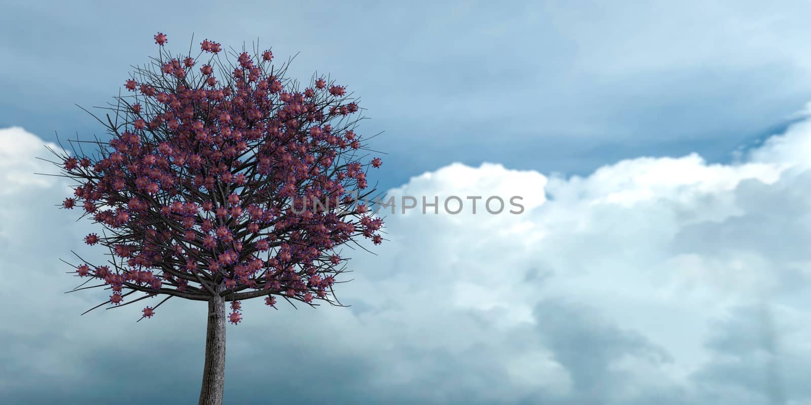 Coronavirus growing on a tree. Metaphor for the impact on the economy and lack of harvest. 3d rendering by F1b0nacci