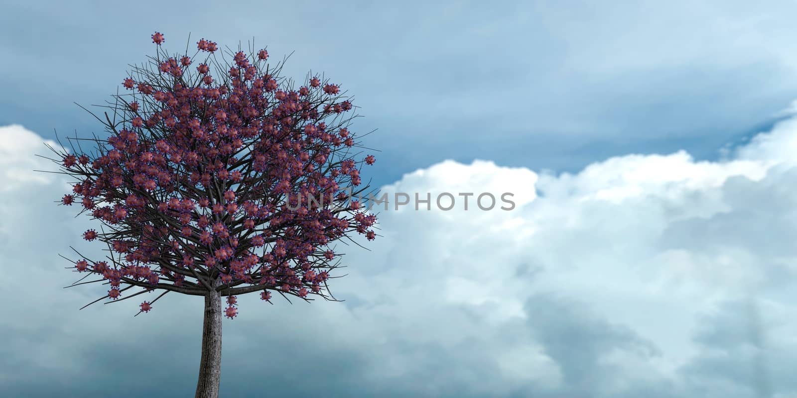 Coronavirus growing on a tree. Metaphor for the impact on the economy and lack of harvest and limited resources. 3d rendering against blue cloudy sky in a bright day.