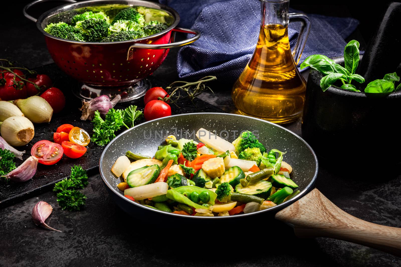 Stir Fry Fresh Vegetables Mix on Frying Pan. Dark Tones Black Image. Healthy Eating Ideas.