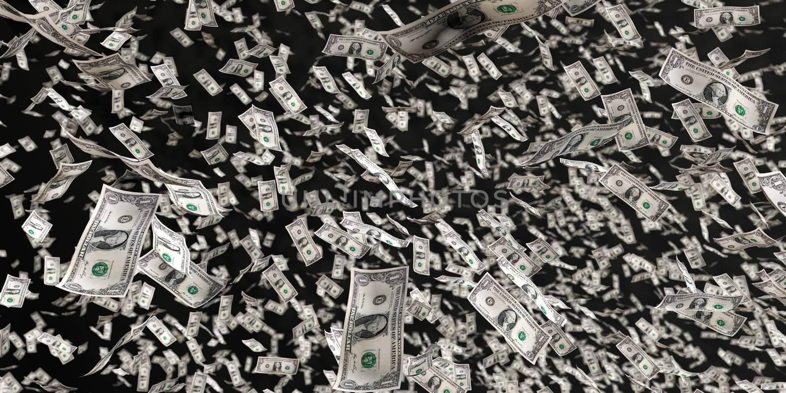 3d rendering of scattered us dollars on black background
