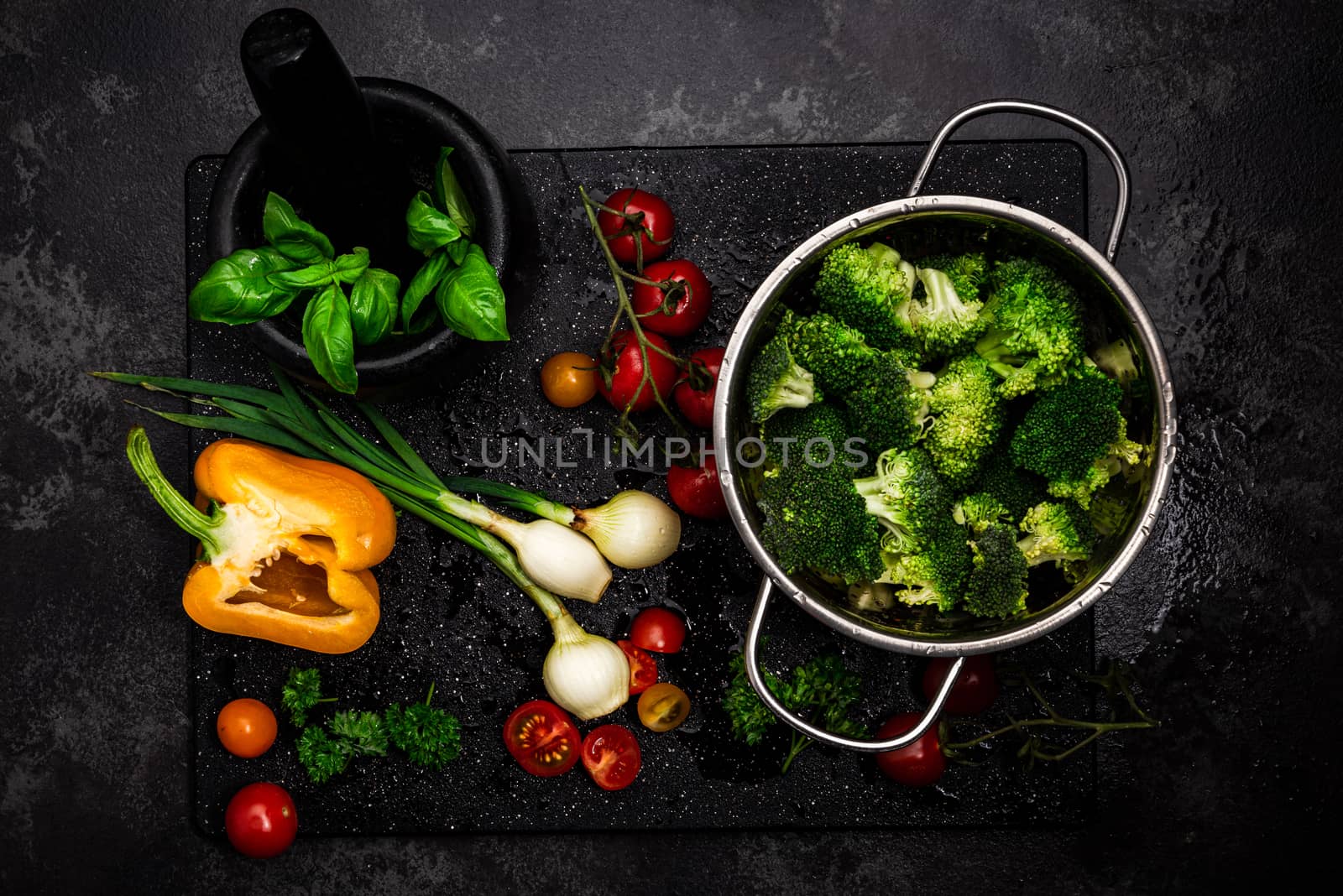 MArket Fresh Organic Vegetables and Herbs. Clean Eating Food Preparation. Top Down View.