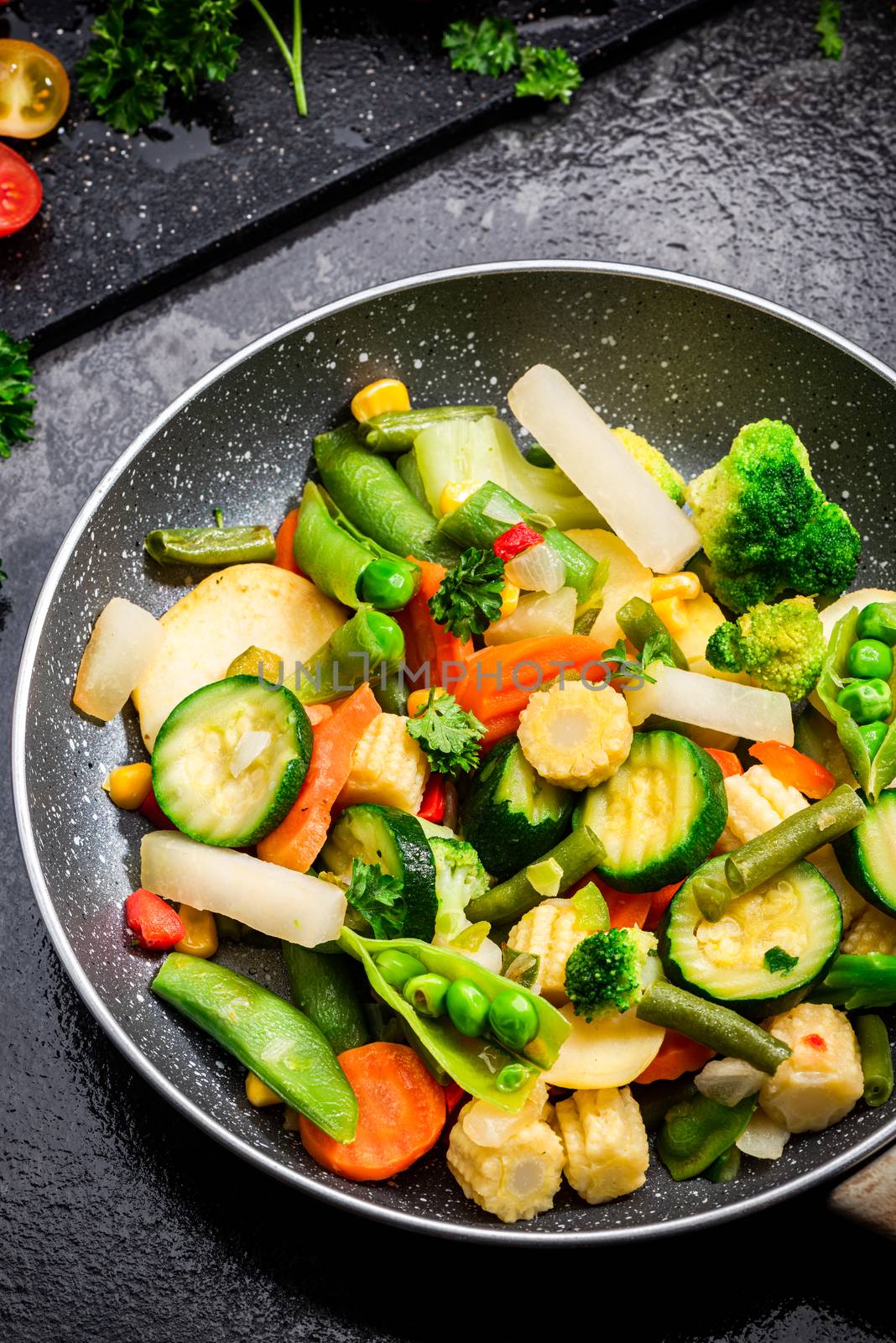 Stir Fry Vegetables on Pan Close Up View. Clean Healthy Eating. Vegetable Mix. Green Diet.