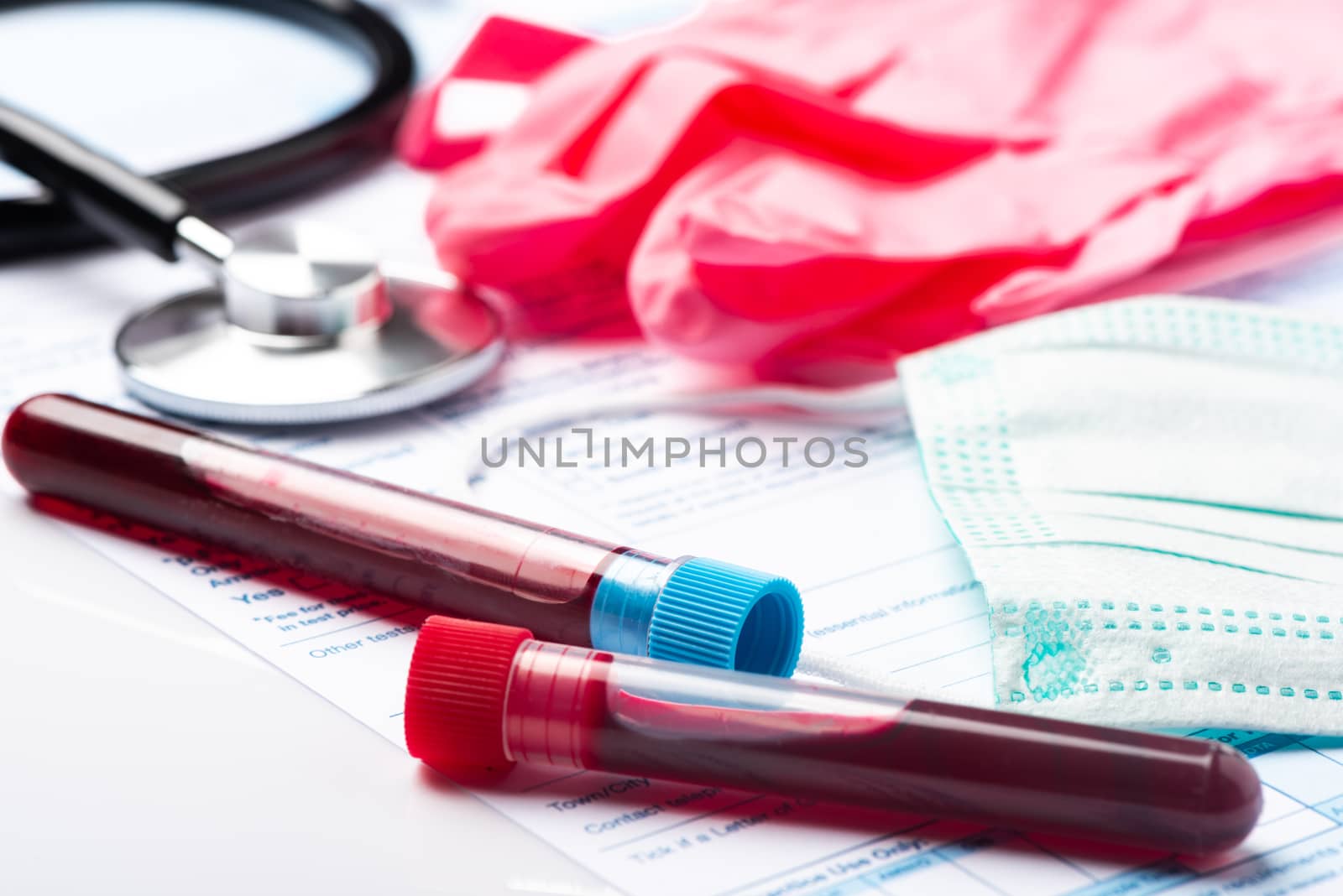 Blood Test Samples for Presence of Coronavirus (COVID-19) Tube Containing a Blood Sample from Patient.