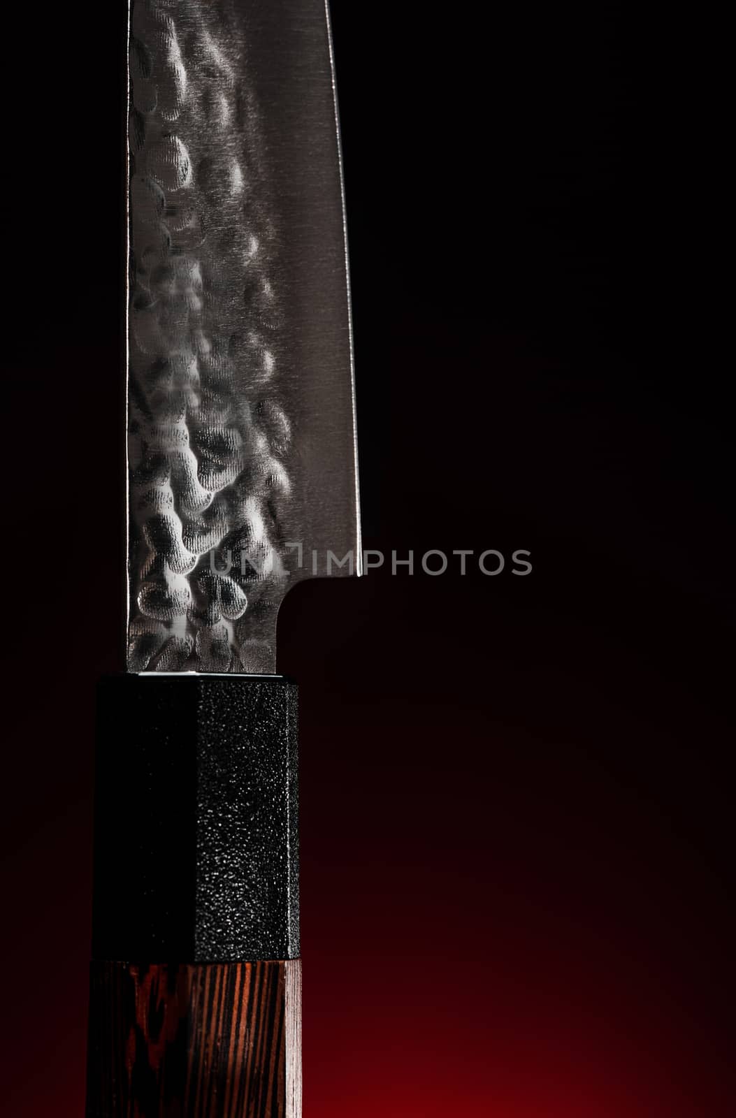 Traditional Handmade Japanese Chef Knife. Copy Space Background. Restaurant and Chef Concept.