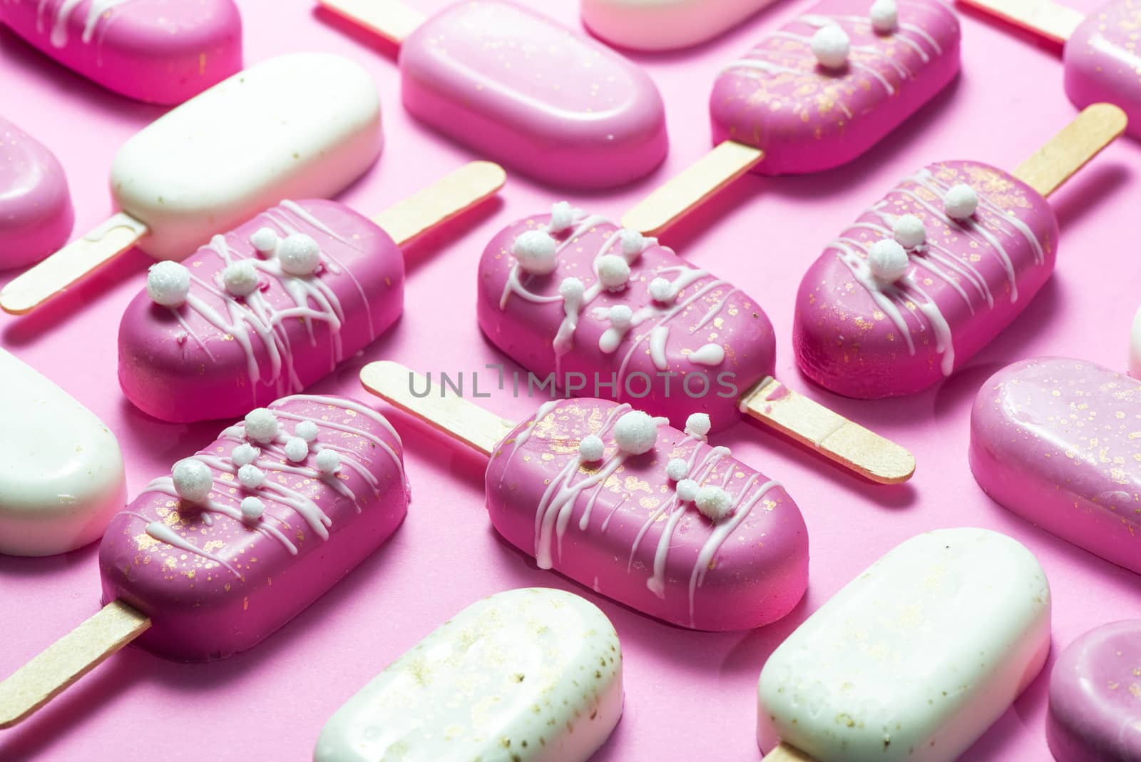 Pink Chocolate Popsicles Flat Lay Geometric Design. Modern Minimal Sweet Food Layout.