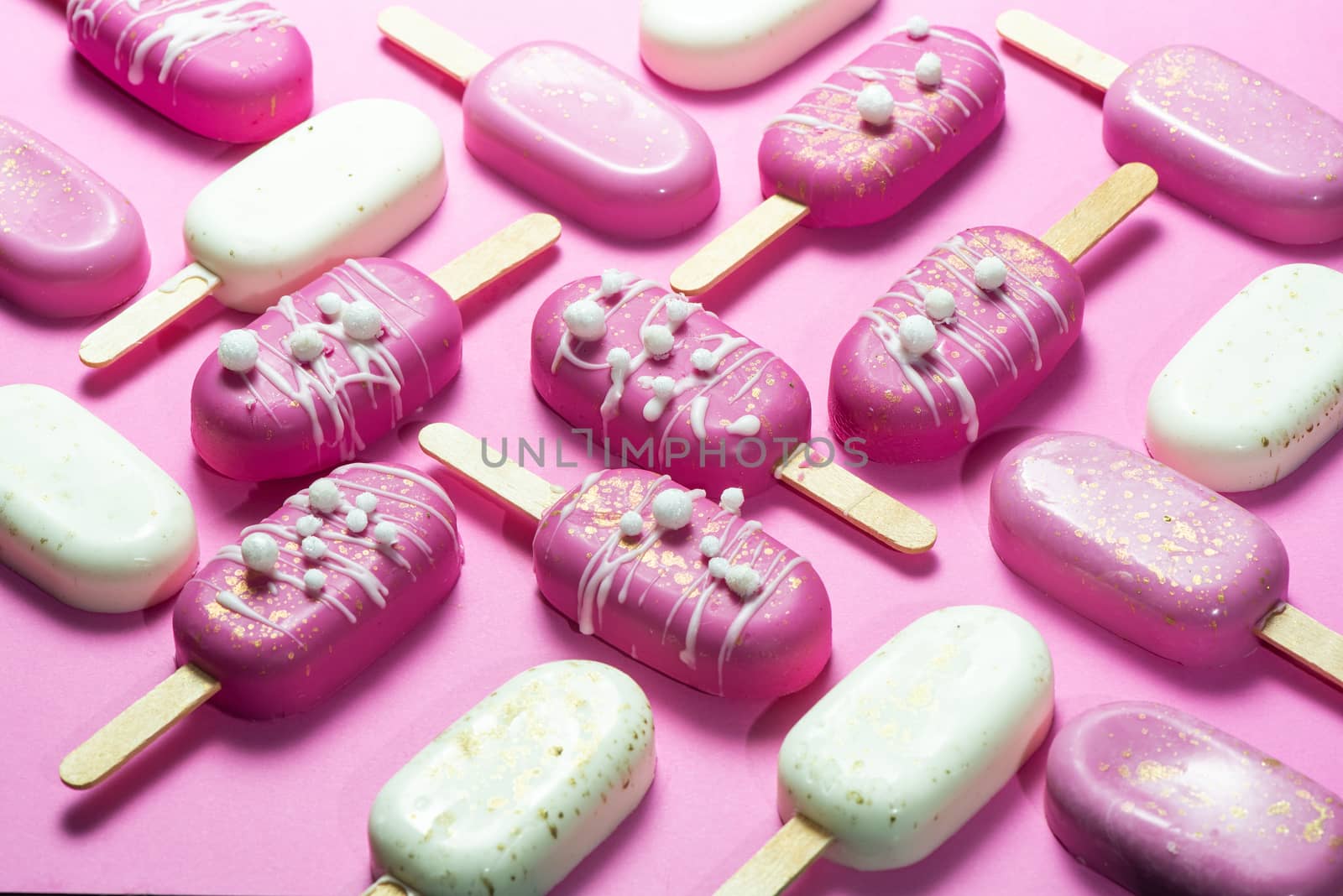 Modern Composition of Pink Pastel Popsicles. Sweet Food Geometric Design. Flat Lay.