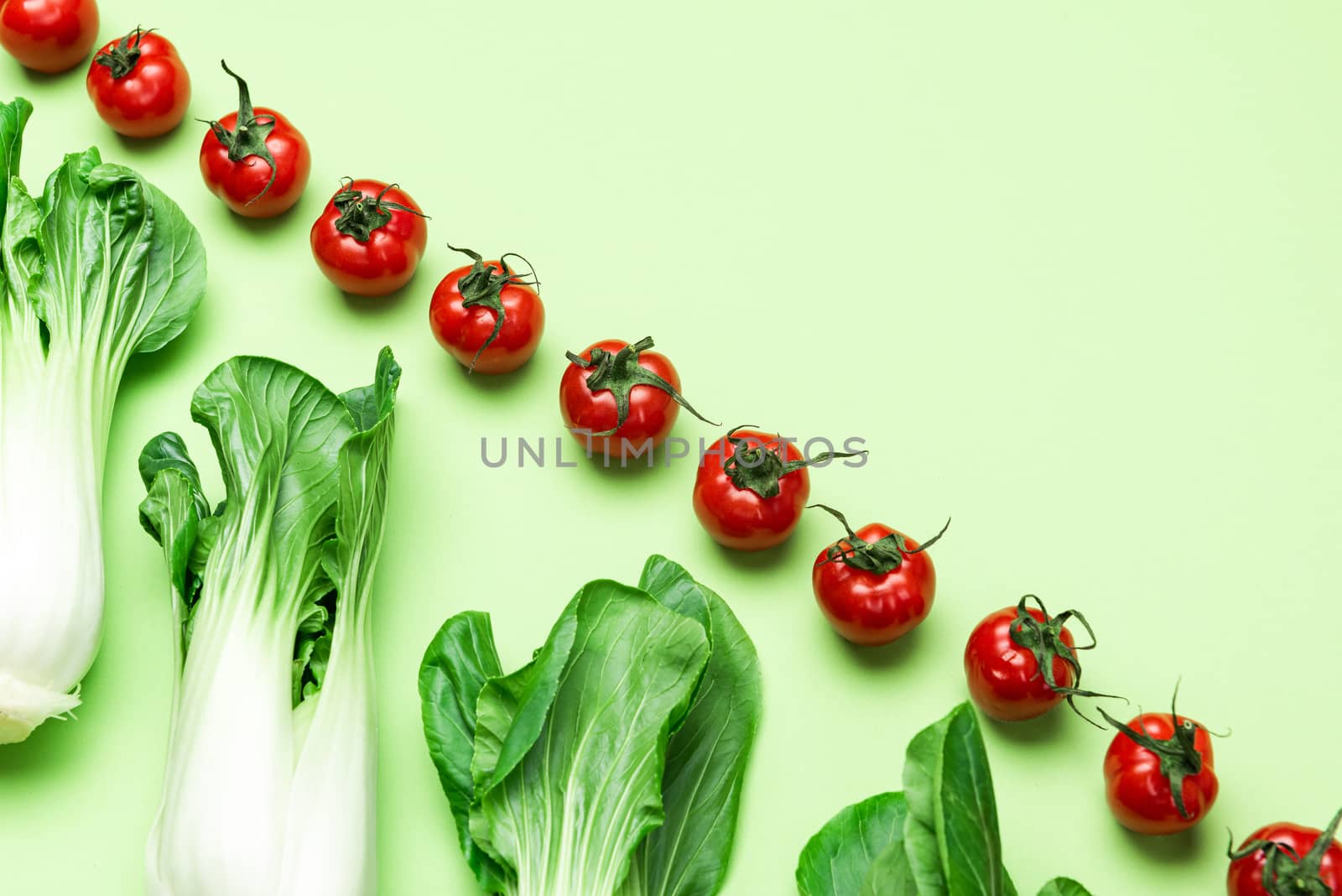 Vegetable Pattern on Green Background. Cabbage abd Tomatoes Flat by merc67