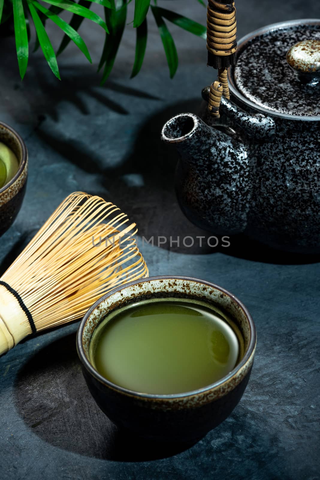 Green Matcha Tea Drinking Ceremony. Japan or Asian Bewerage.