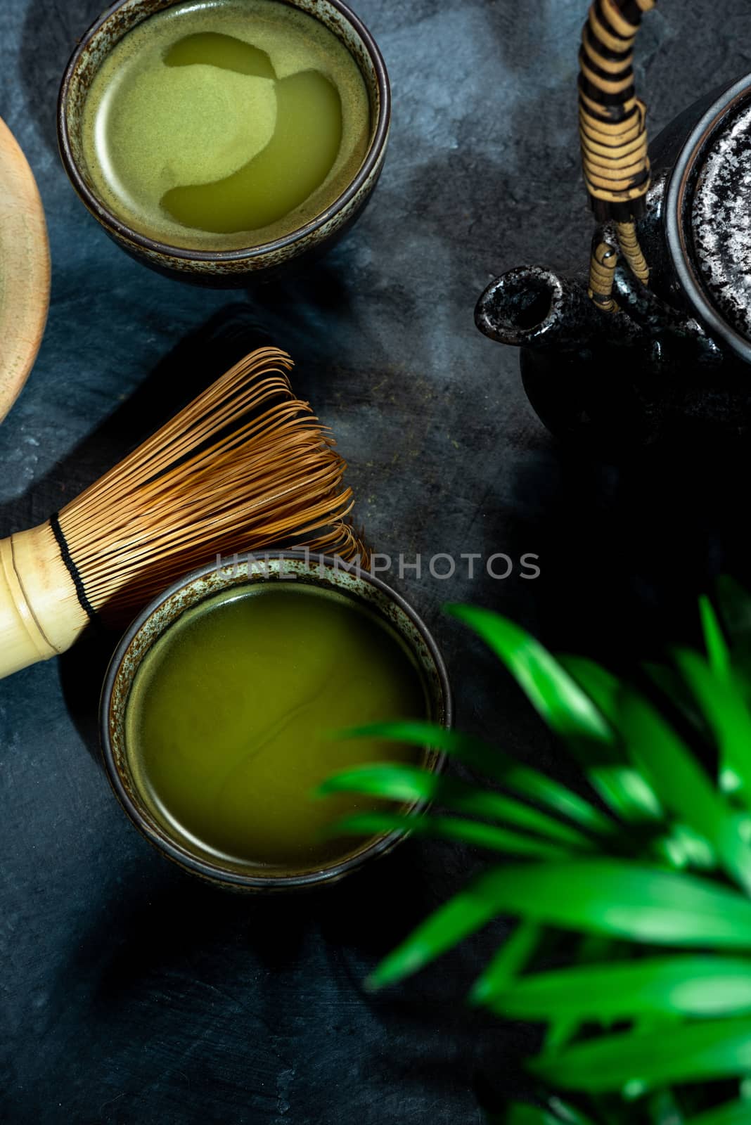Drinking Green Matcha Tea. Japanese or Asian Healthy Bewerage.