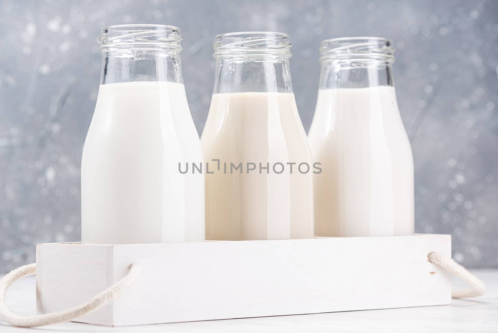 Almond, Soya and Rice Plant Based Milk. Alternative Non Dairy Helthy Food. Organic Fresh Milk.