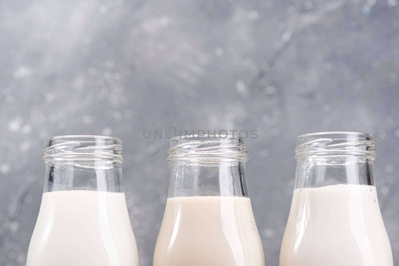 Almond, Soya and Rice Plant Based Milk. Alternative Non Dairy Helthy Food. Organic Fresh Milk.