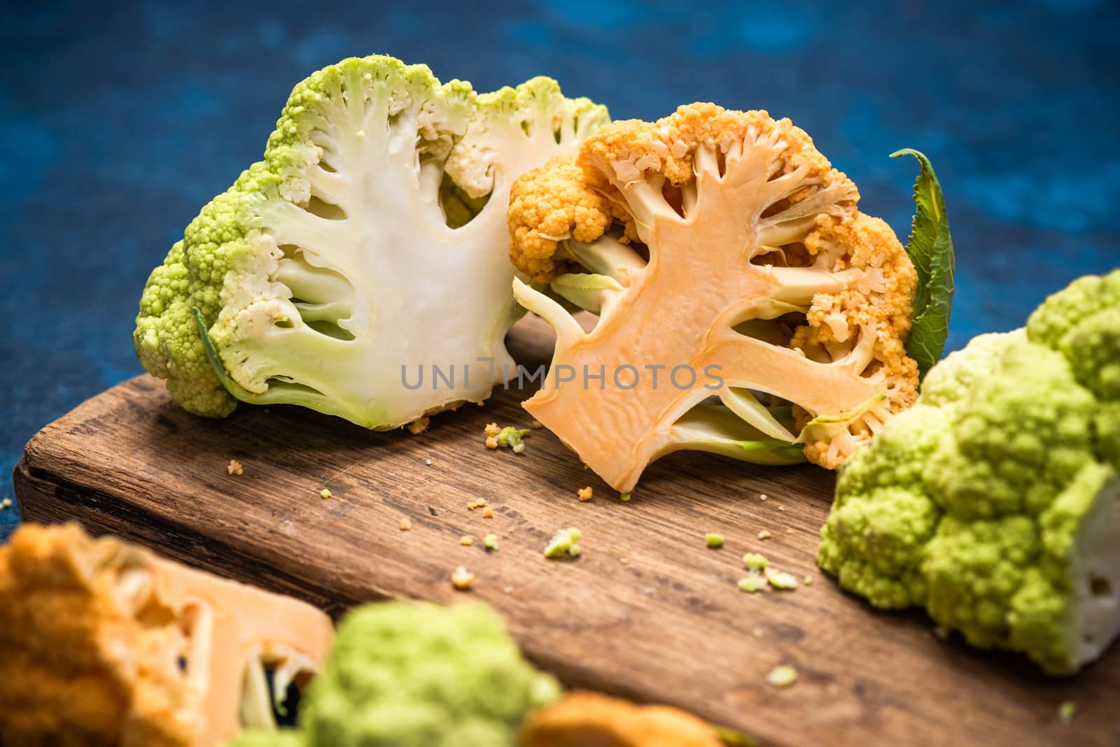 Market Fresh Organic Green and Yellow Cauliflowers Cabbage. Plant Based Vegan Diet.