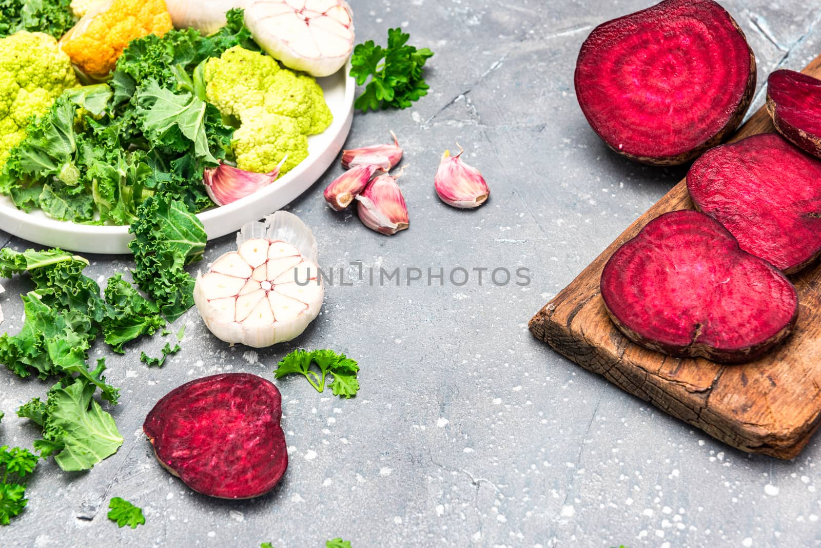 Clean Eating and Organic Vegetables Concept. Food Background. Flat Lay Top Down View.