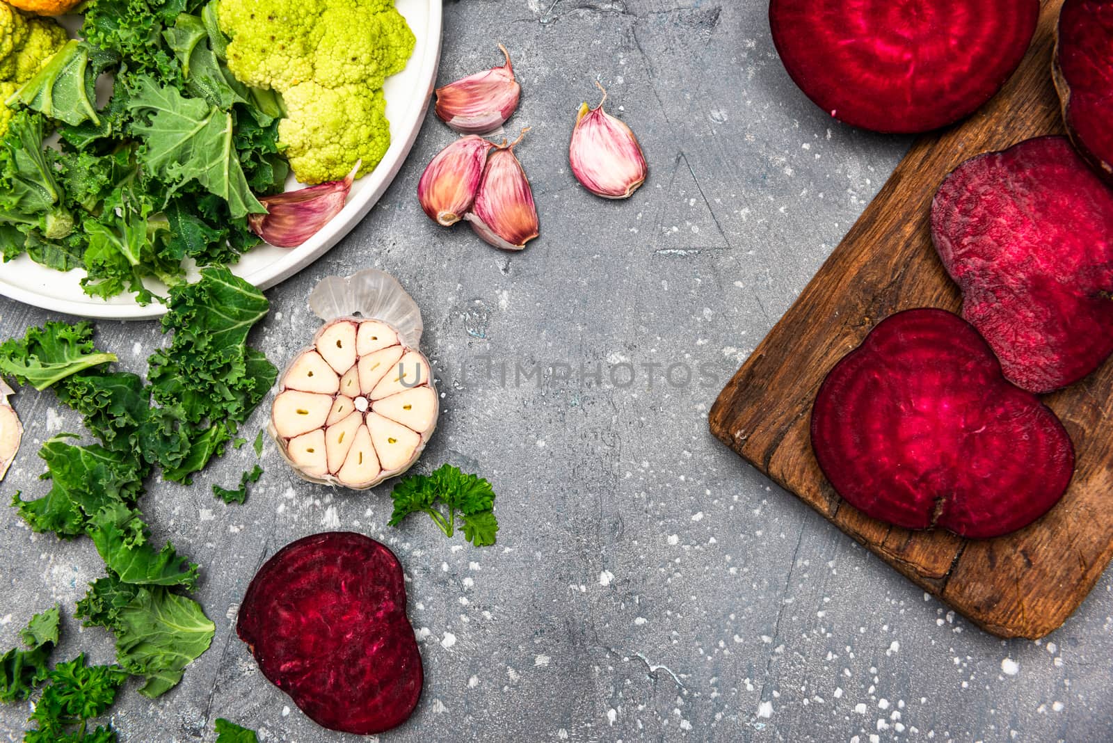 Clean Eating and Organic Vegetables Concept. Food Background. Flat Lay Top Down View.