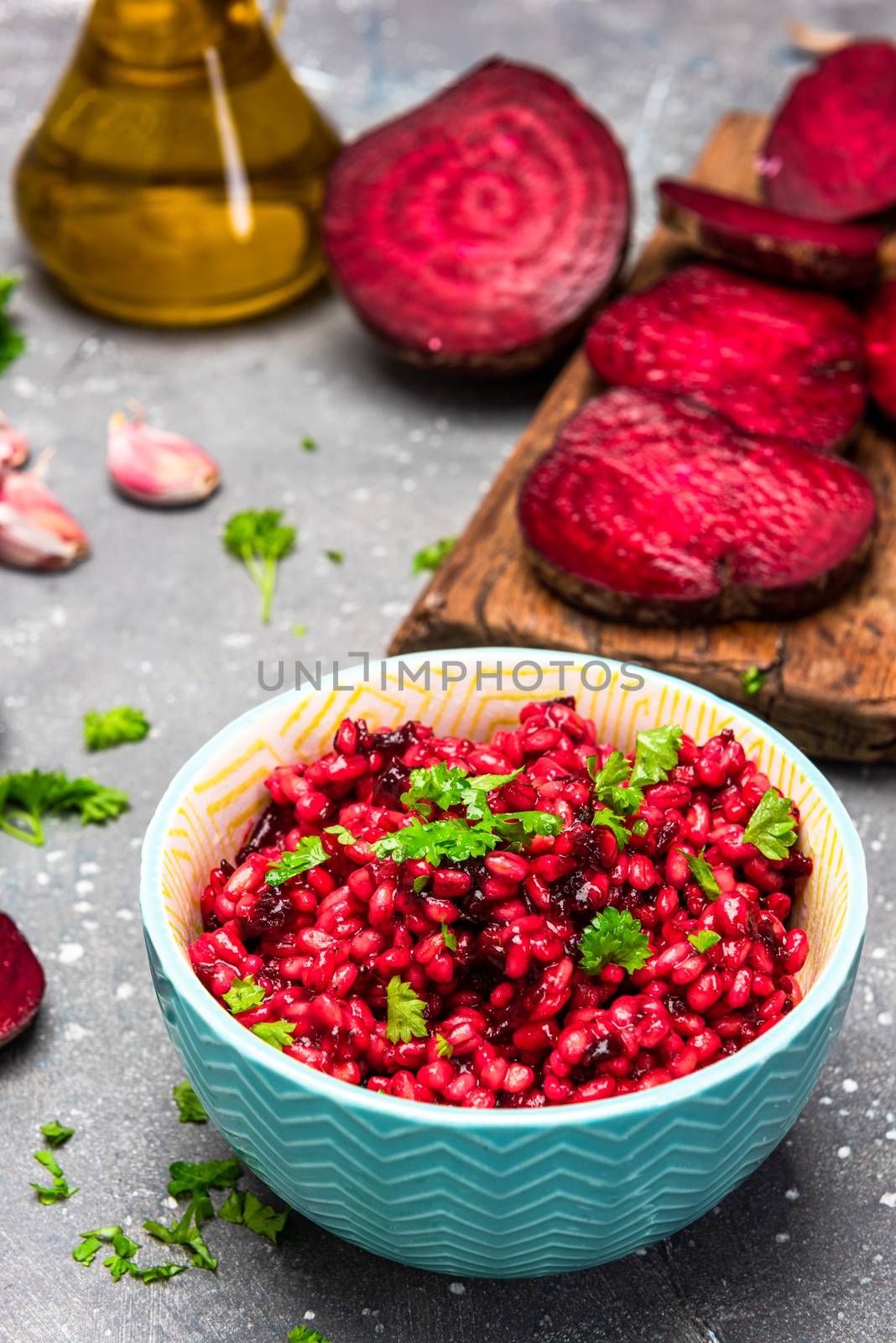 Healthy Eating. Vegetarian Brunch. Beetroot , Parsley and Groats in Bowl.