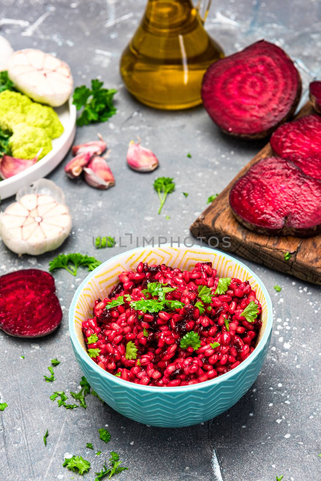 Cooking Vegetarian Plant Based Food. Buckwheat Groats with Beetroot and Parsley.