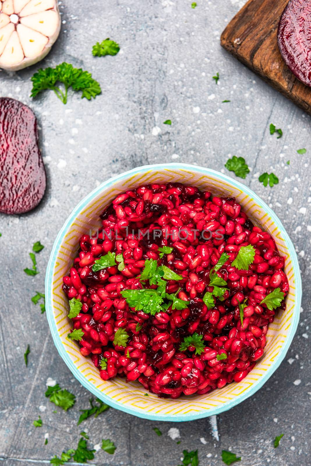 Healthy Brunch in Bowl. Groats and Beetroot Risotto. Green Diet. Plant Based Food. Healthy Living.