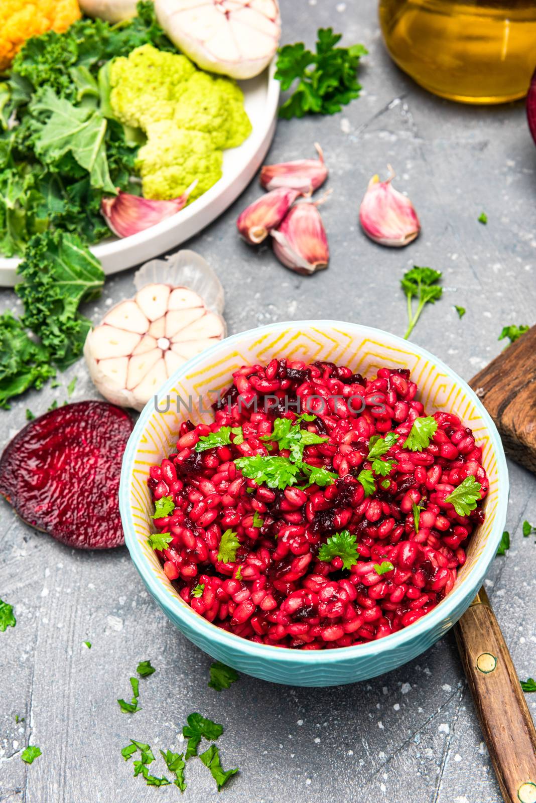 Healthy Eating. Vegetarian Brunch. Beetroot , Parsley and Groats in Bowl.