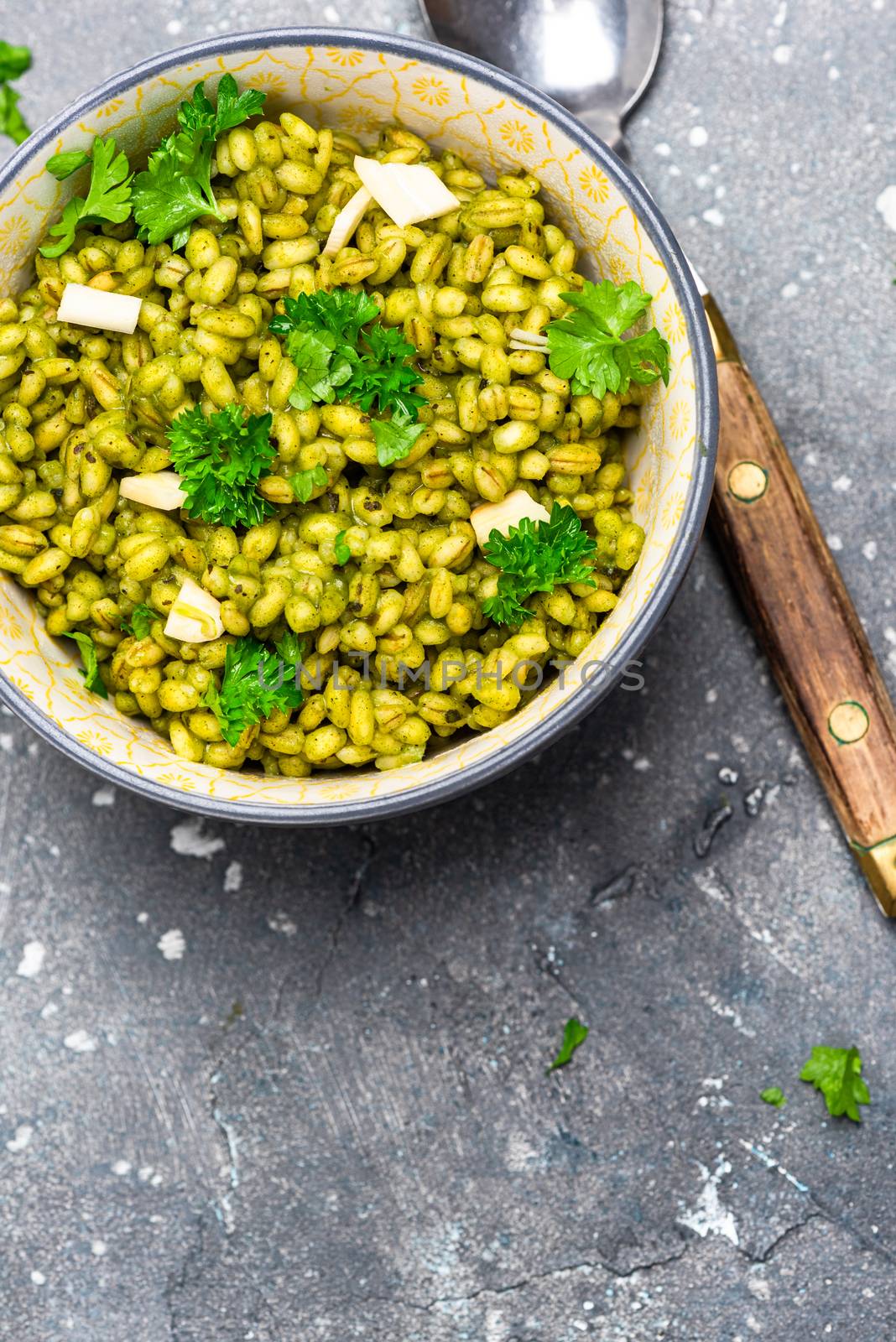 Green Kale and Garlic Buckwheat Groat Dish. Clean Eating. Plant  by merc67