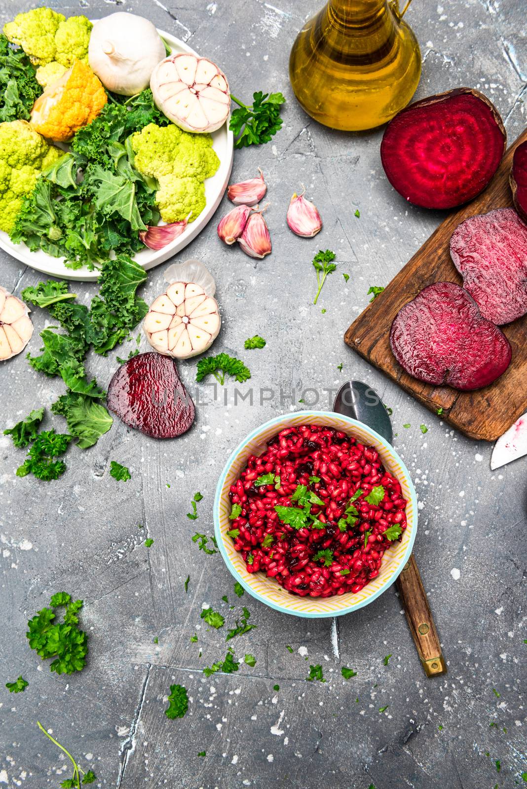 Vegetarian Dish in Bowl. Groats with  Beetroot and Parsley. Top Down View.