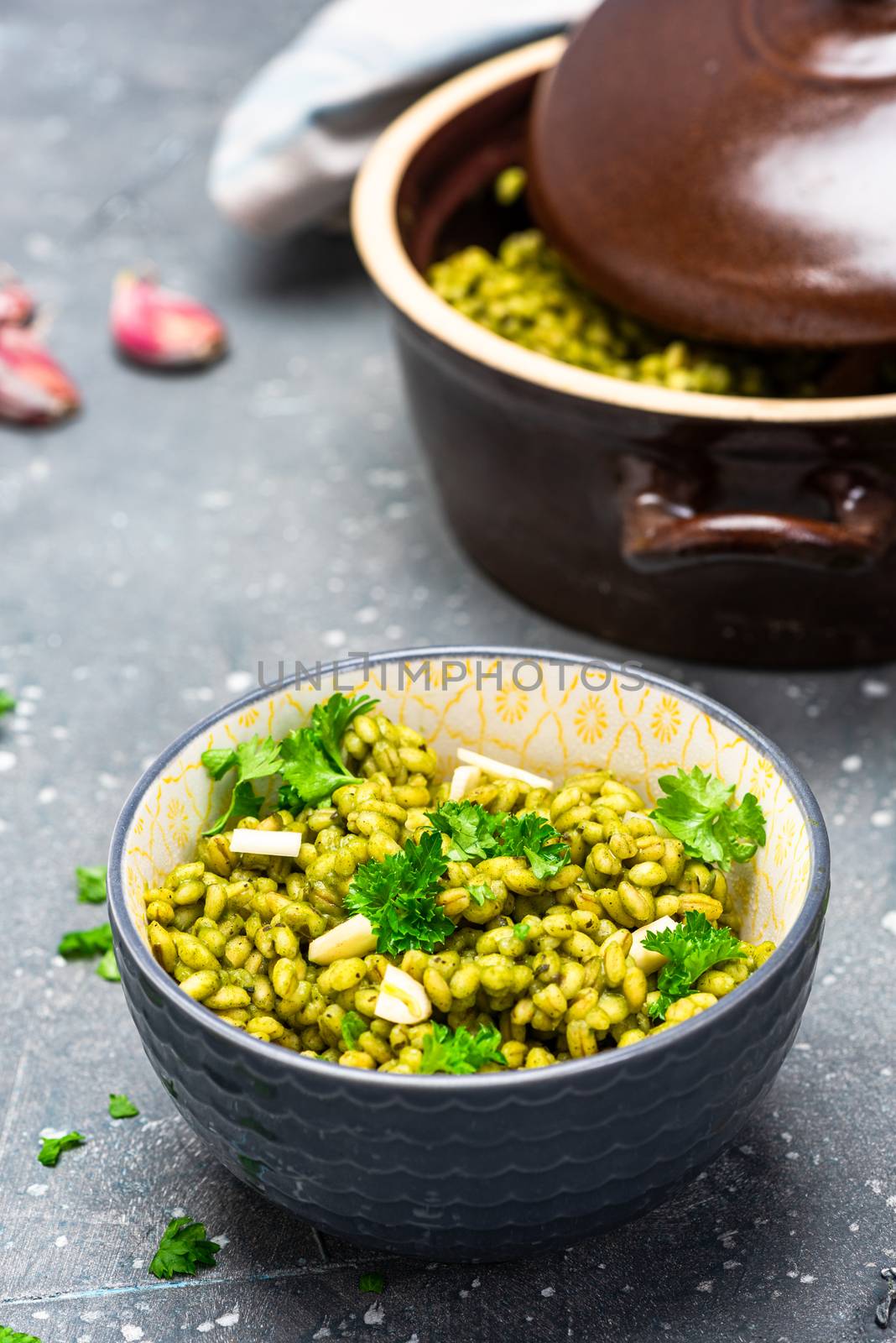 Green Kale and Garlic Buckwheat Groat Dish. Clean Eating. Plant  by merc67