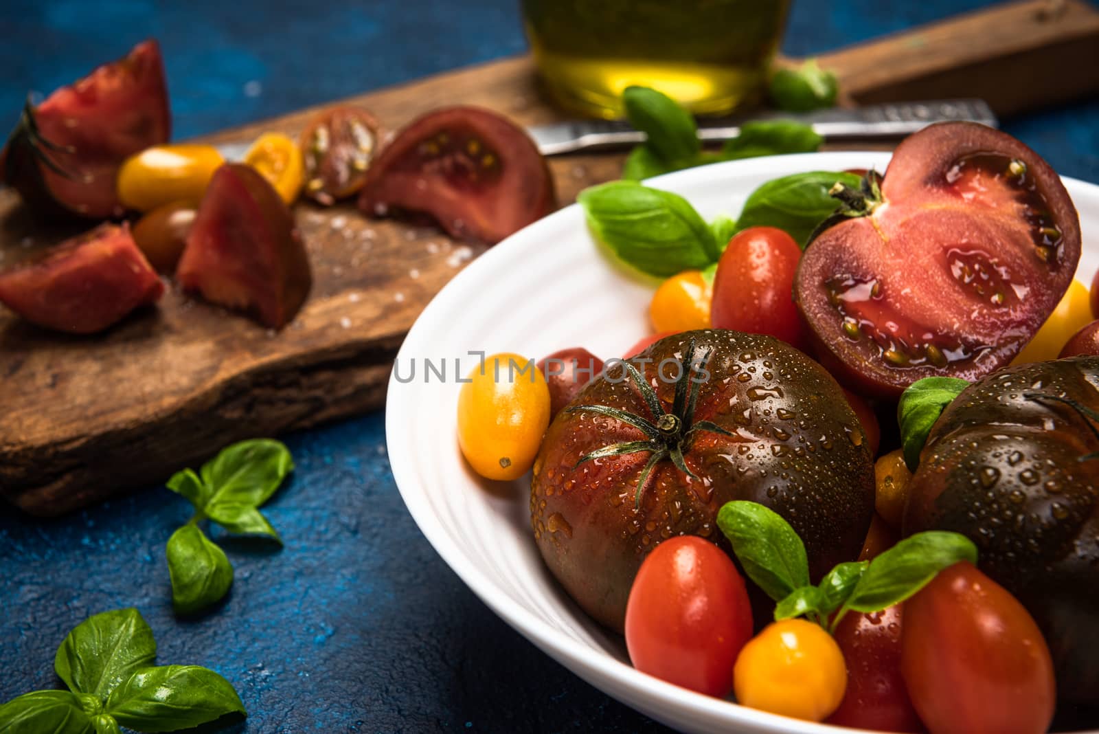 Vibrant Fresh Tomatoes and Basil. Fresh Farm Food Border Background.