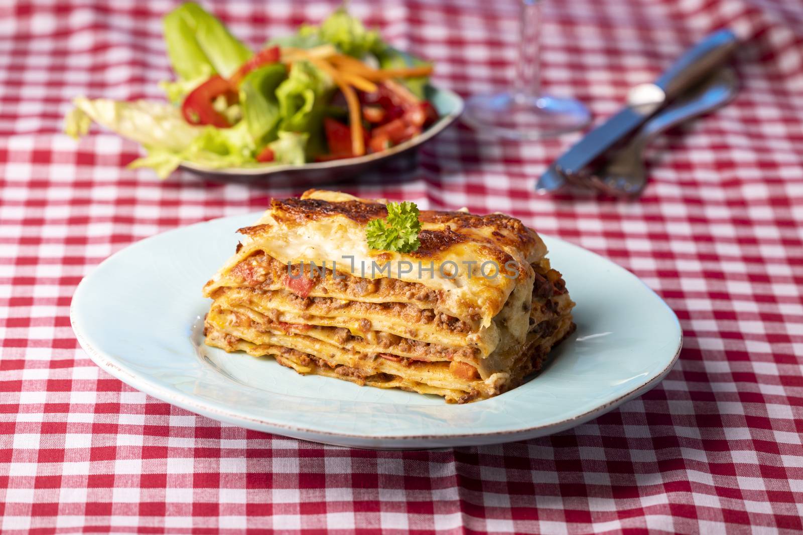 portion of fresh lasagna on a plate