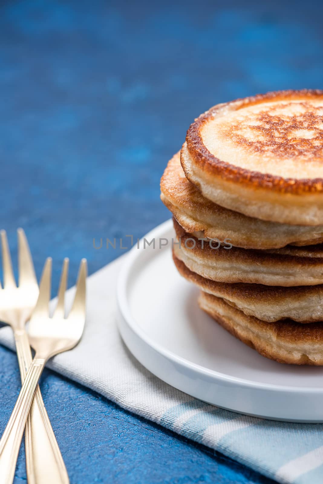 Fresh Fluffy Pancakes Stack on Plate. Copy Space.