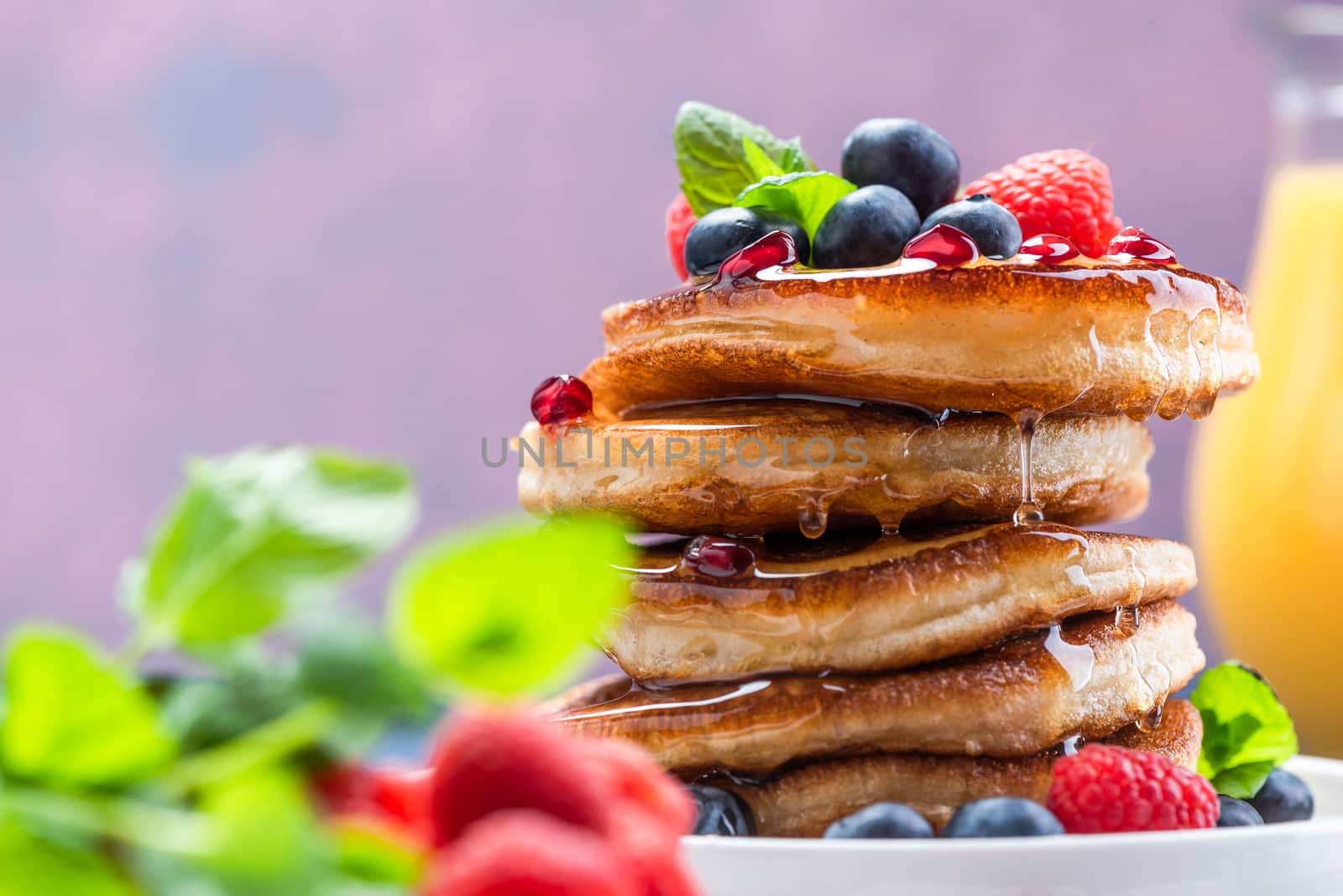 Pancakes with Maple Syrup and Fresh Fruits. Shrove Tuesday Brunc by merc67