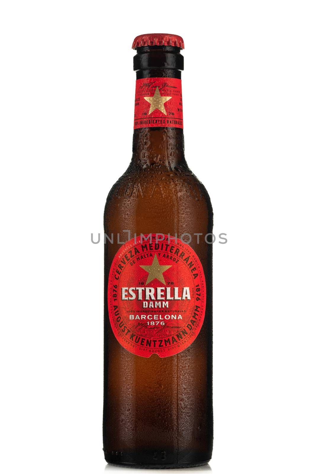 TARNOW, POLAND - FEBRUARY 01, 2020: Bottle of Cold Estrella  Beer. Spanish Estrella Brand Are Increasingly Popular .