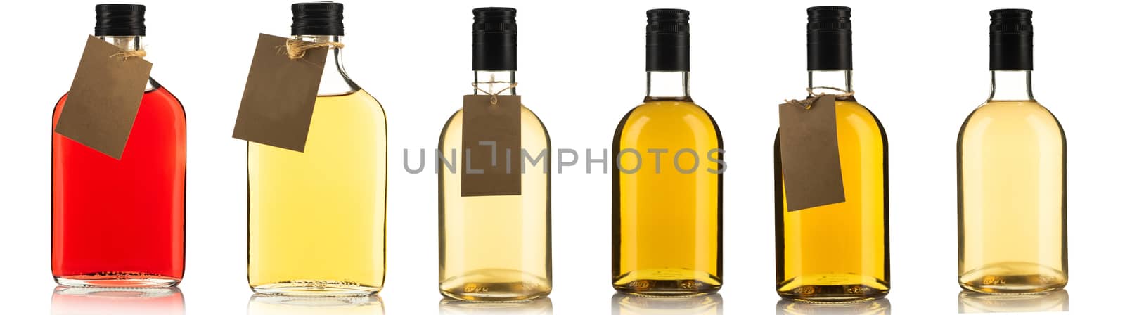 Assortment of Bottles with Herbal Tincture or Alcohol Liqour Isolated On White Background Banner.