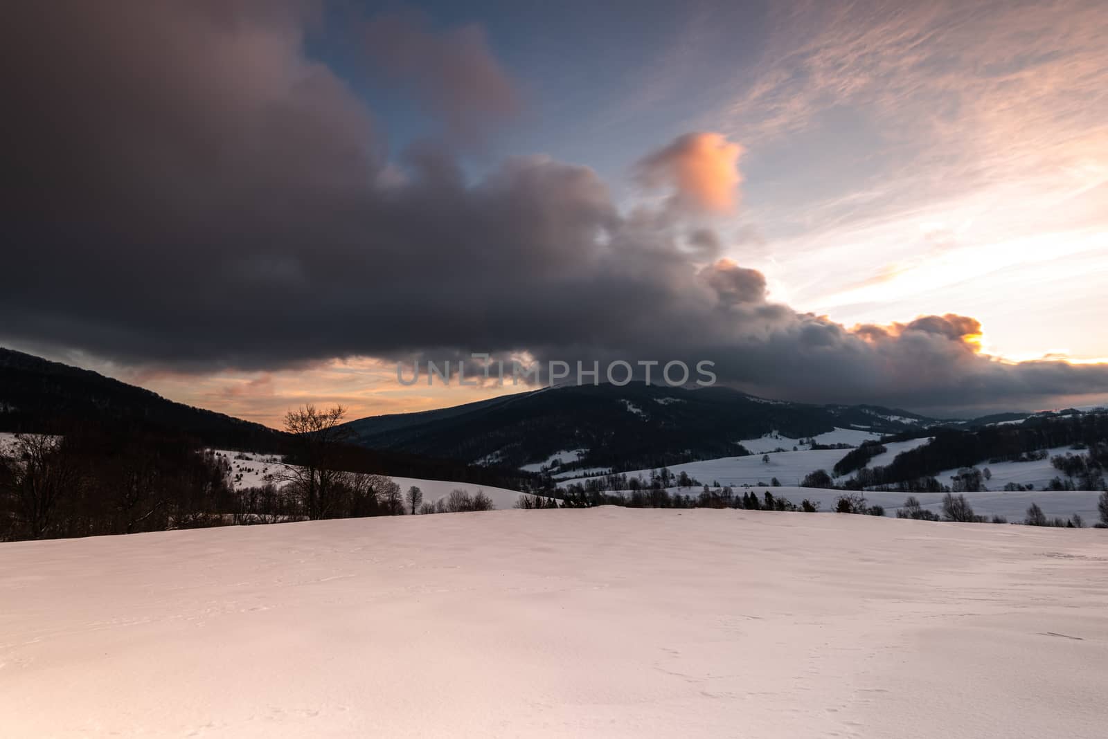 Sunrise at Bieszczady Mountains in Carpathia, Poland at Winter Season.